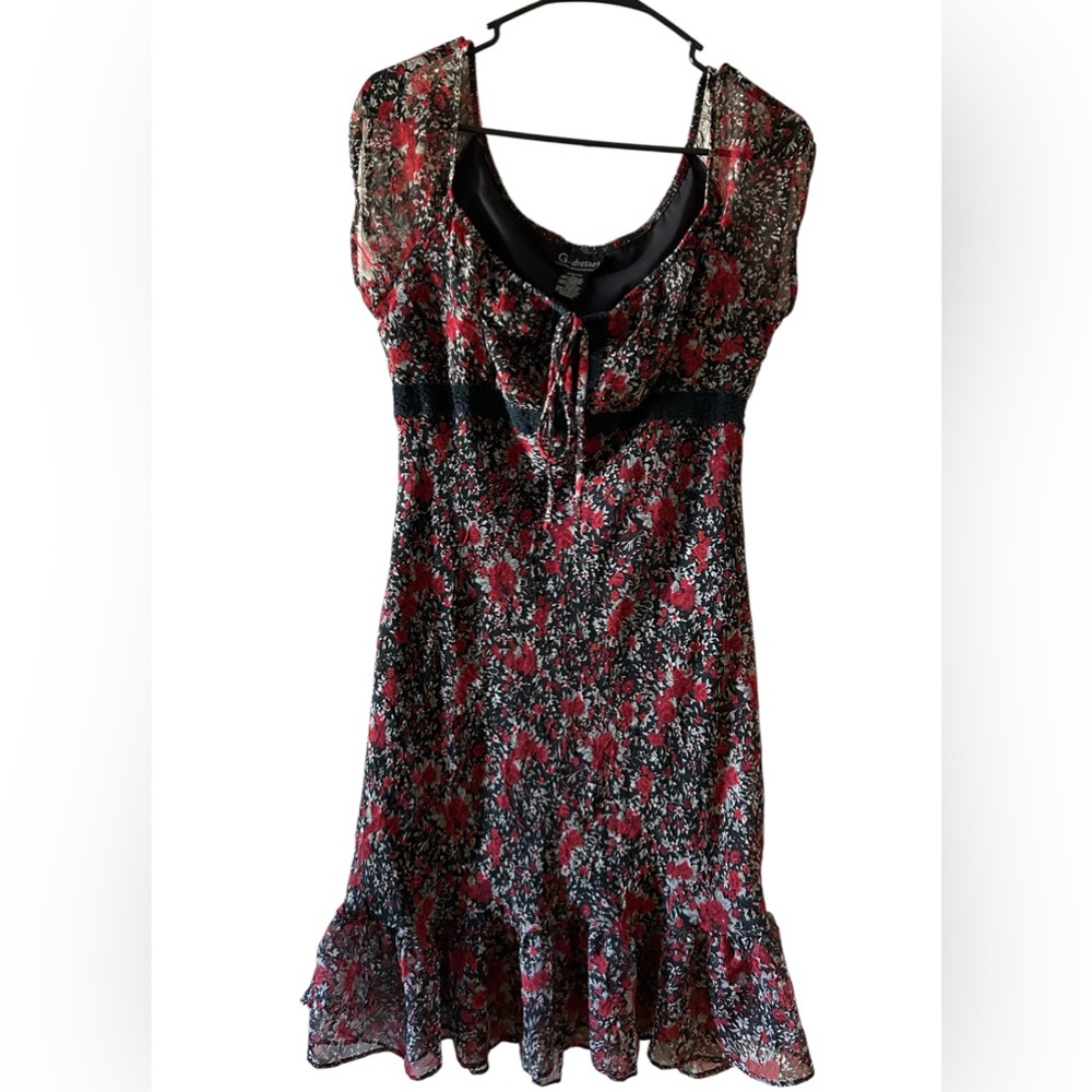 G-Dresses Black Red Floral Lace Trim Chiffon Midi Dress Size Large